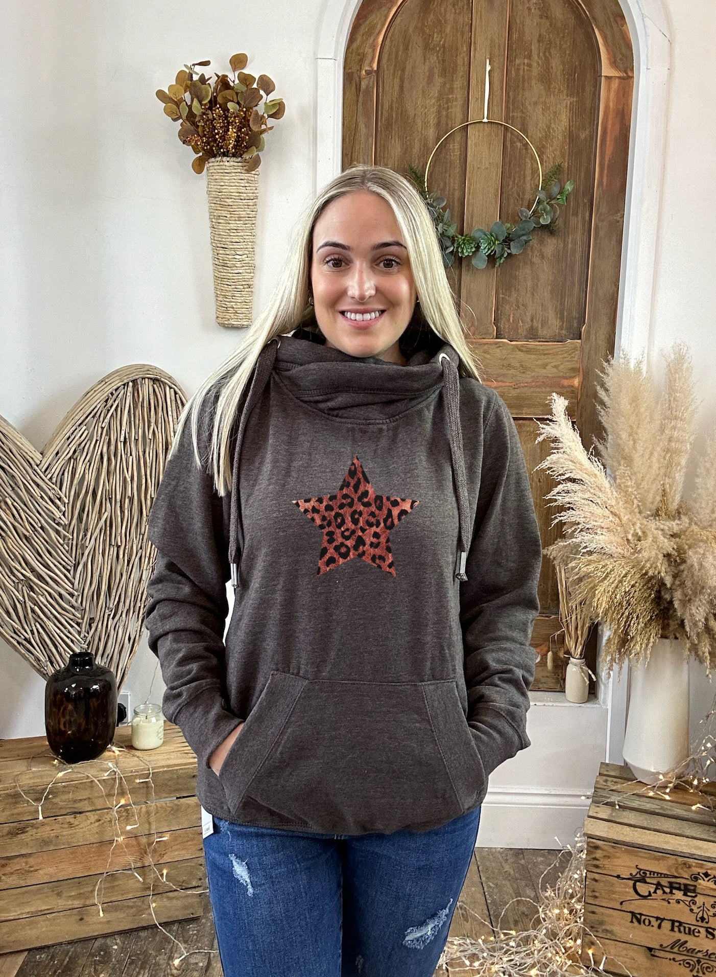 Rose Gold Leopard Star Luxe Hoodie - Charcoal