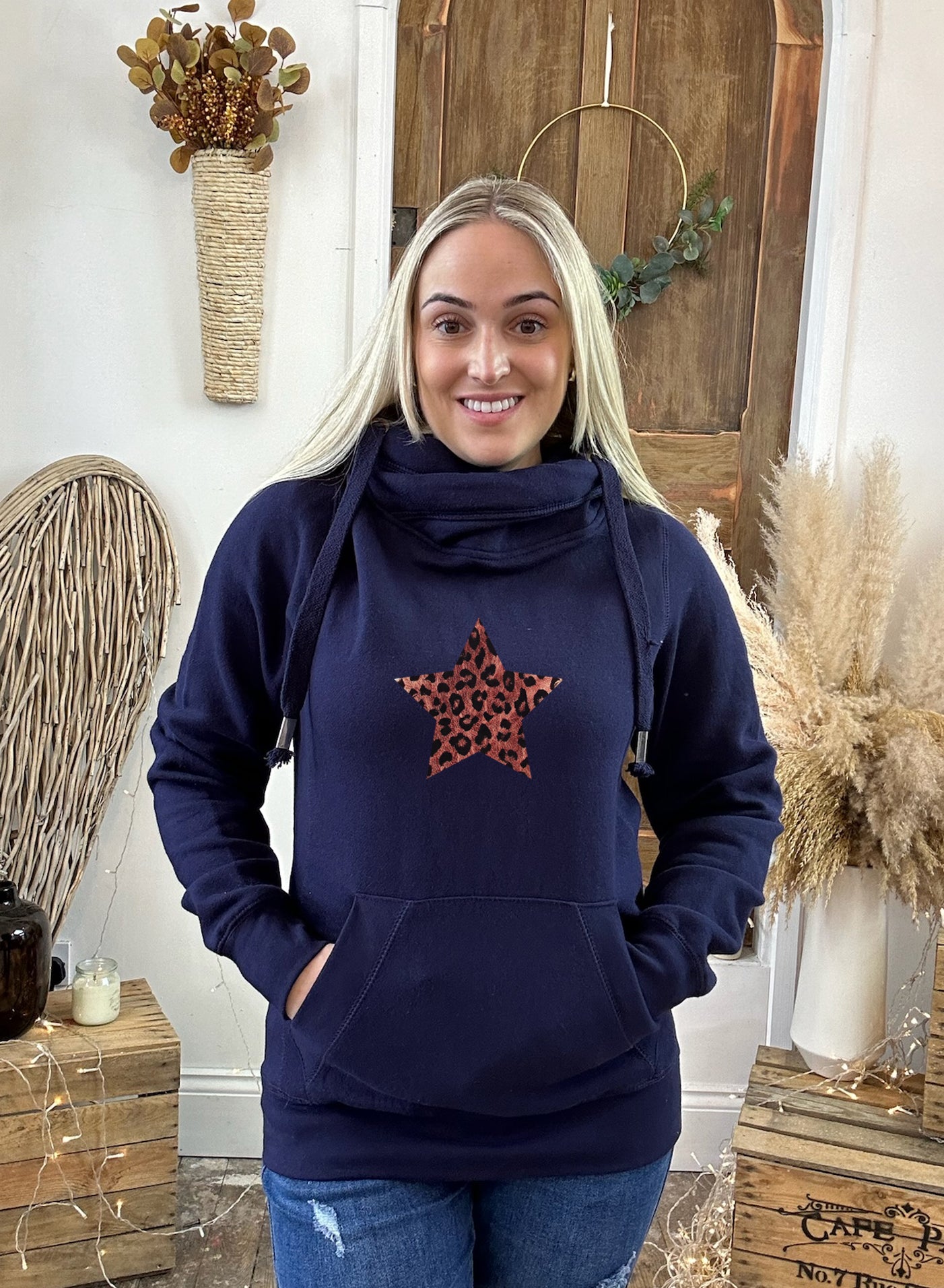 Rose Gold Leopard Star Luxe Hoodie - Navy