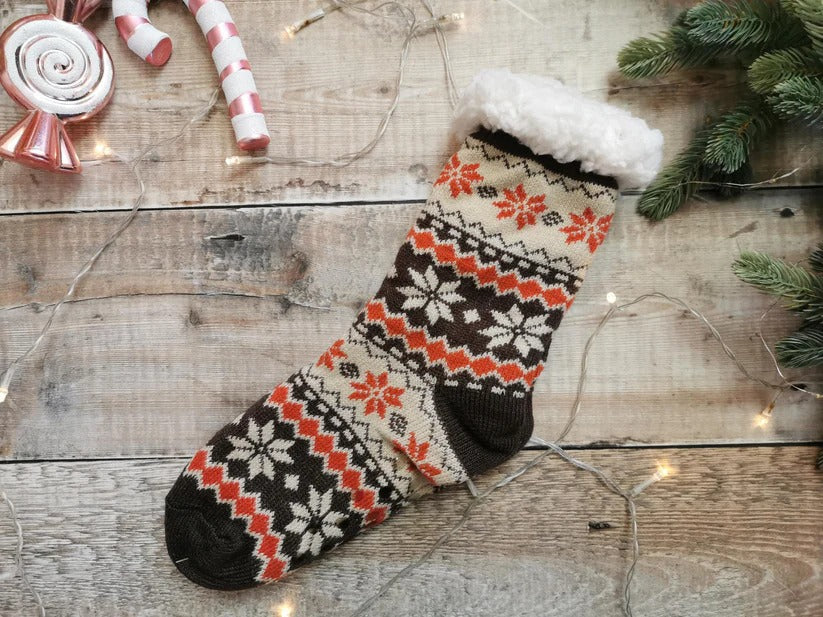 Black & Cream Snowflake Fleece Lined Chunky Knit Slipper Socks