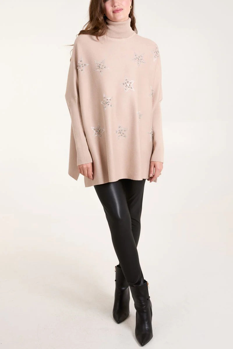 Beige Diamante Star High Neck Jumper