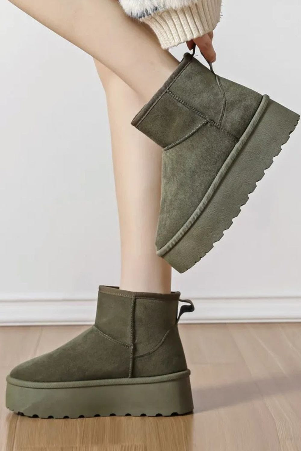 Khaki Mini Faux Fur Platform Snugg Boots