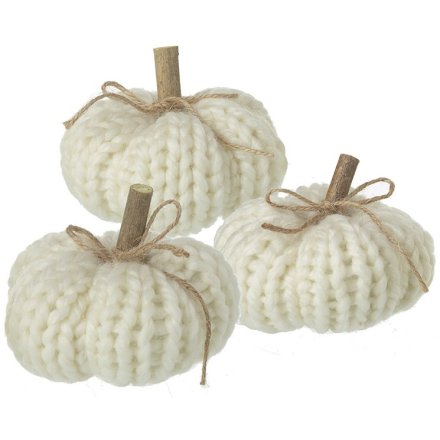 Set of 3 White Knitted Decorative Pumpkins