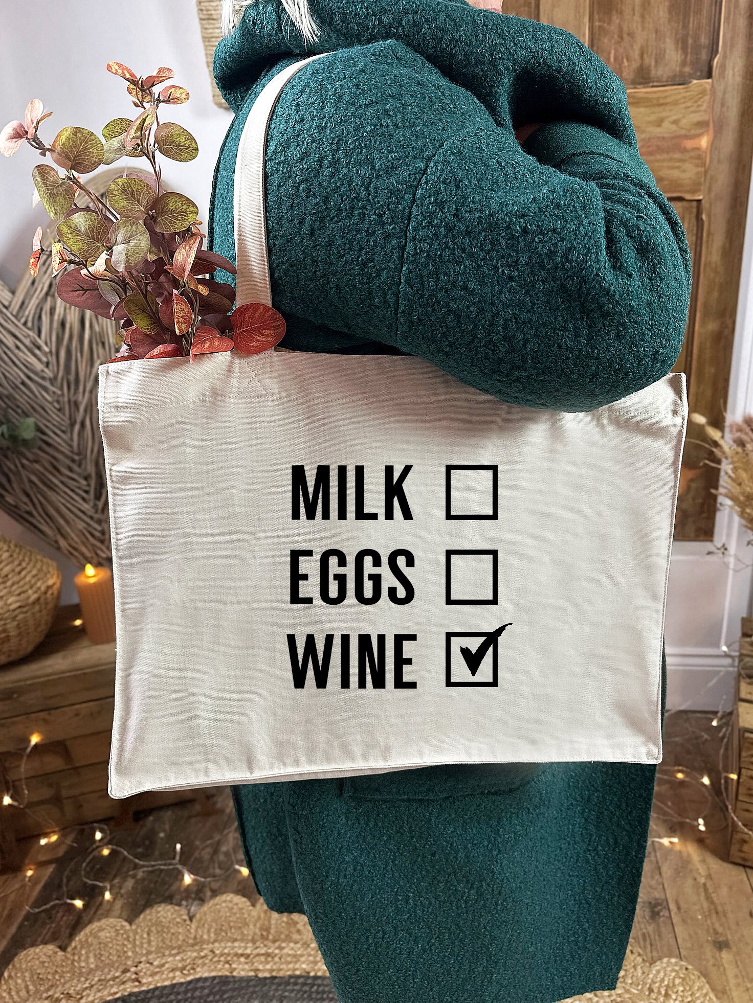 'Milk, Eggs, Wine' Luxe Shopping Tote Bag