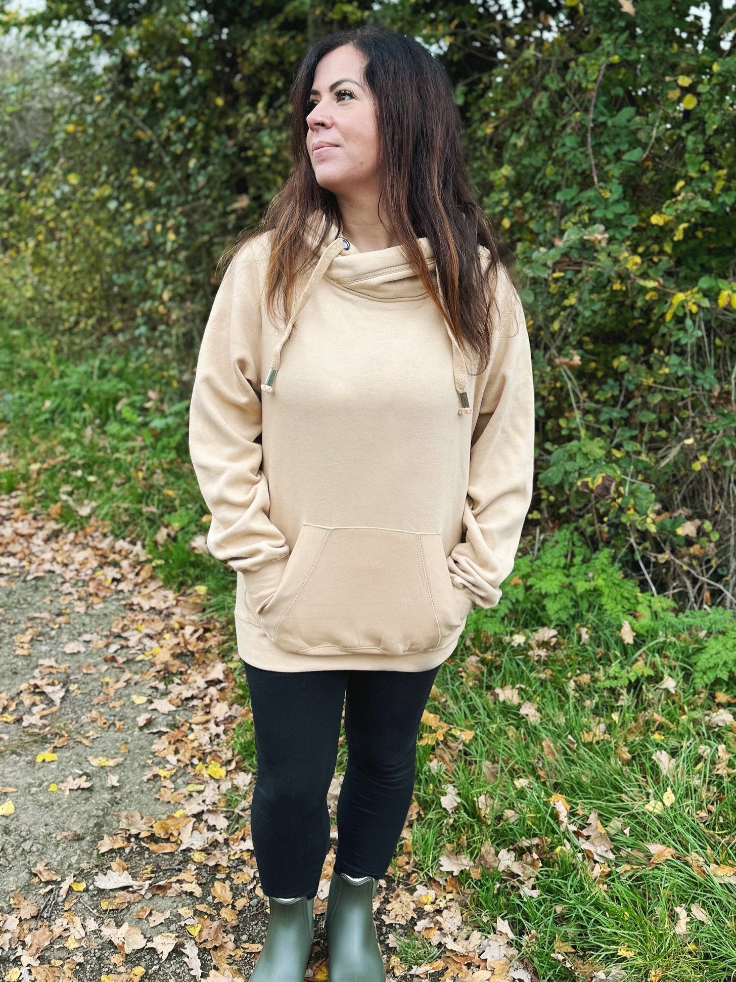 Classic Plain Cowl Neck Luxe Hoodie - Caramel