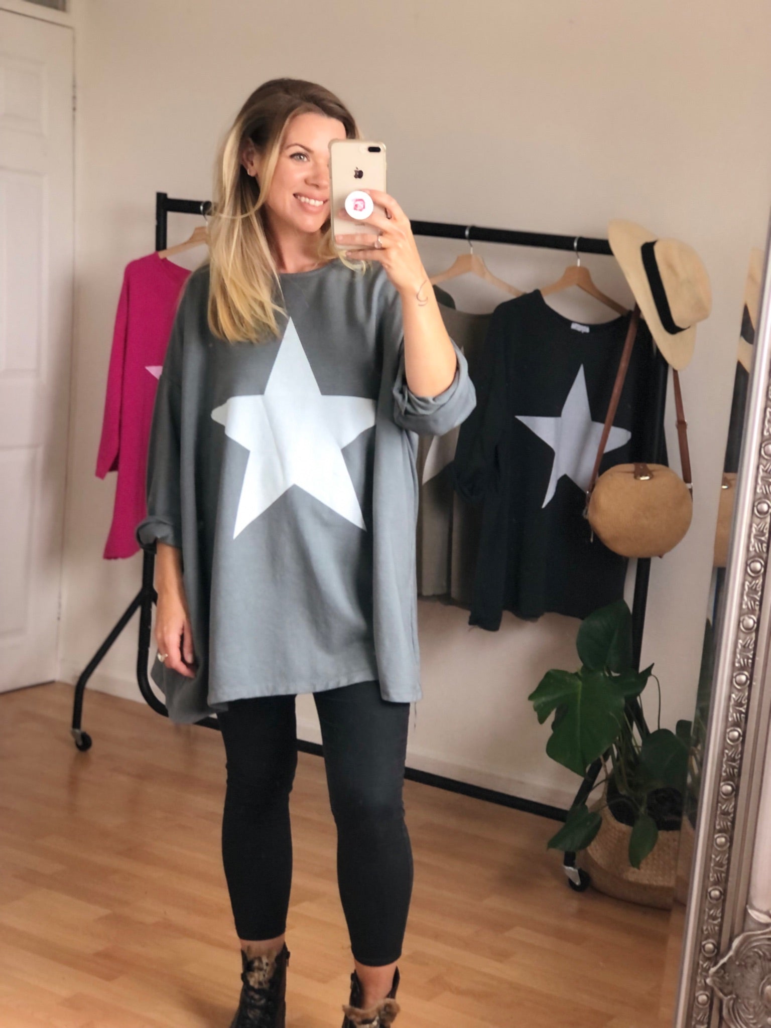 Light Grey Star Print Oversized Top