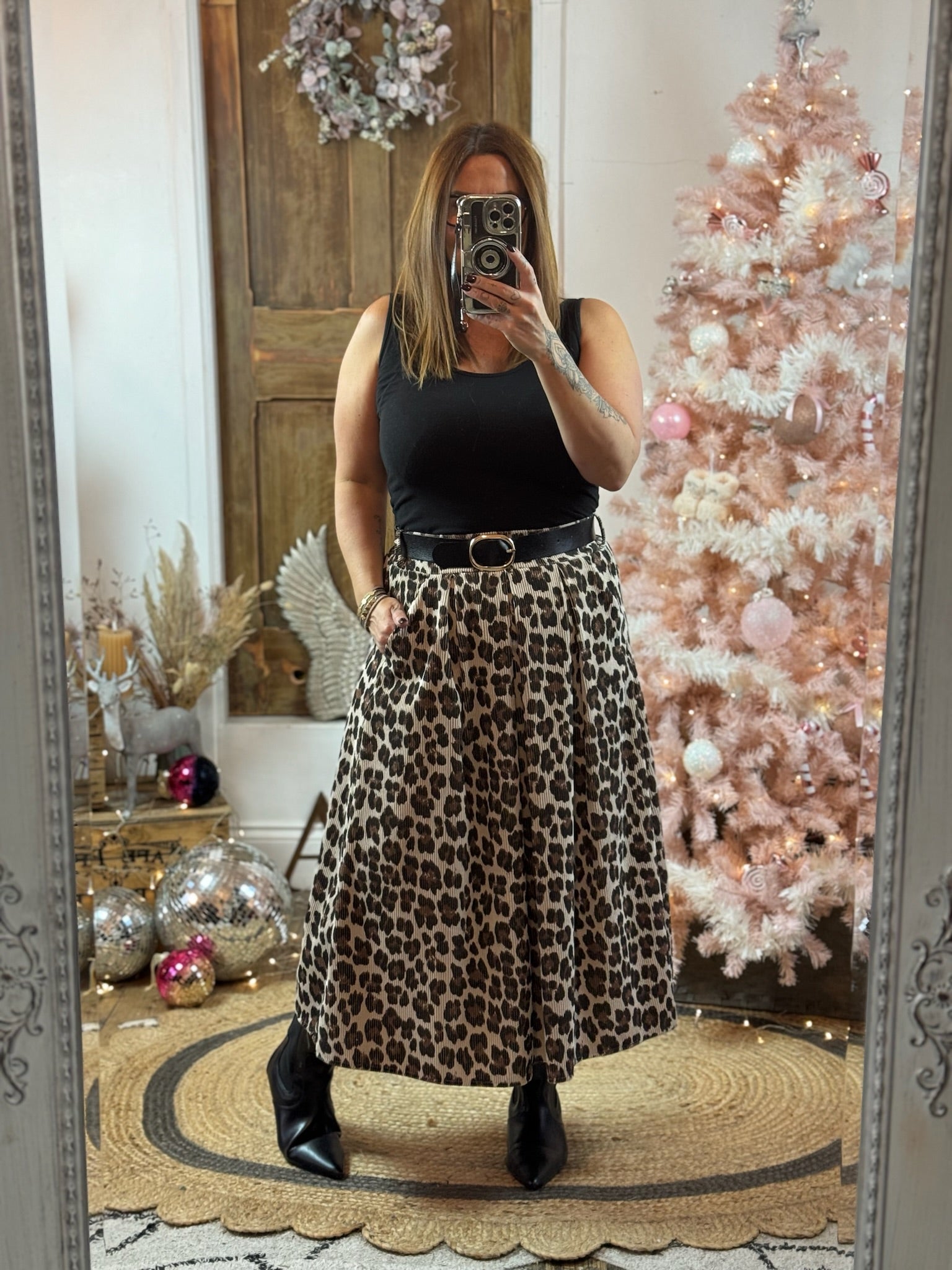 Light Beige Leopard Print Cord Midaxi Skirt