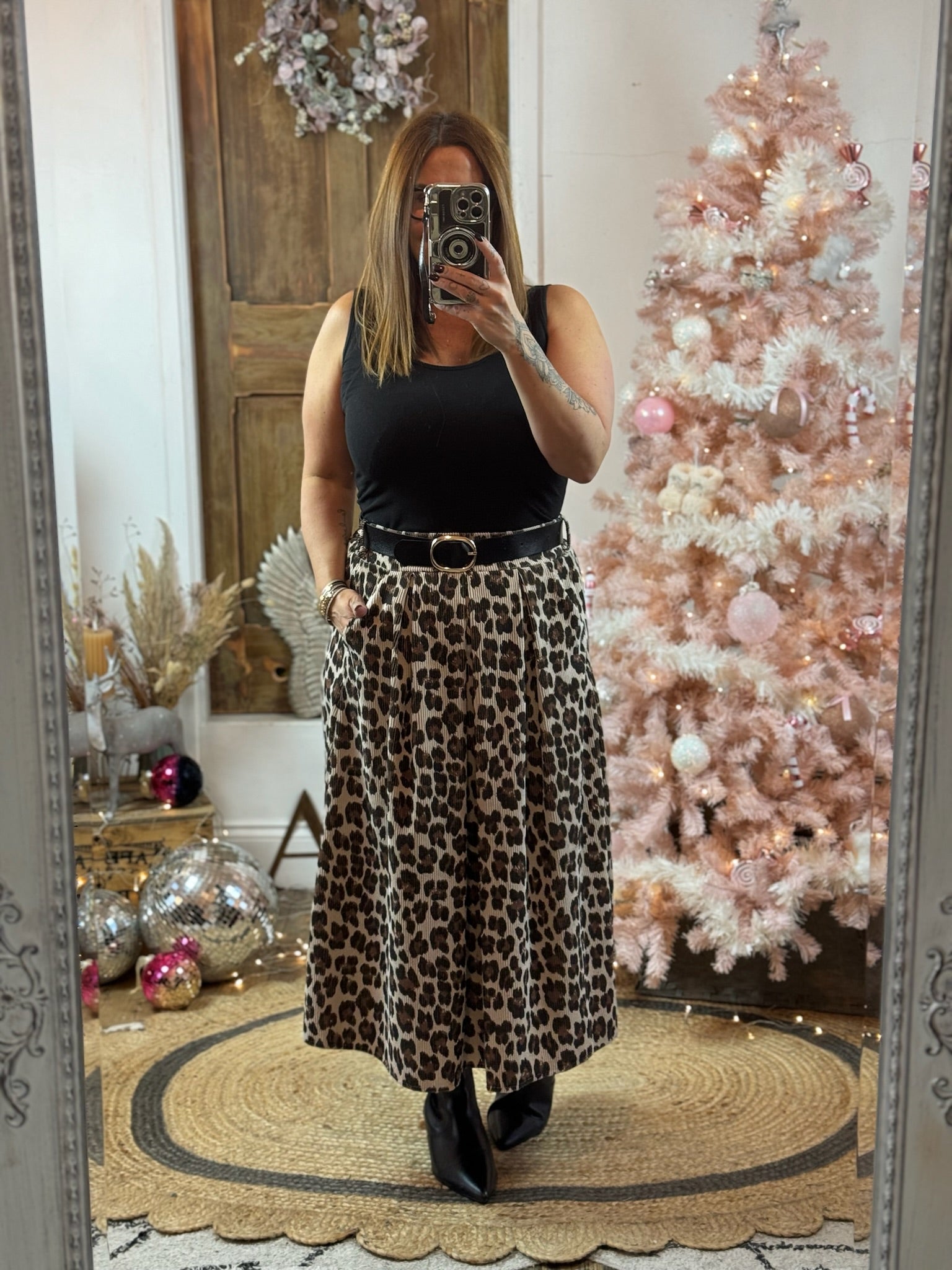 Light Beige Leopard Print Cord Midaxi Skirt