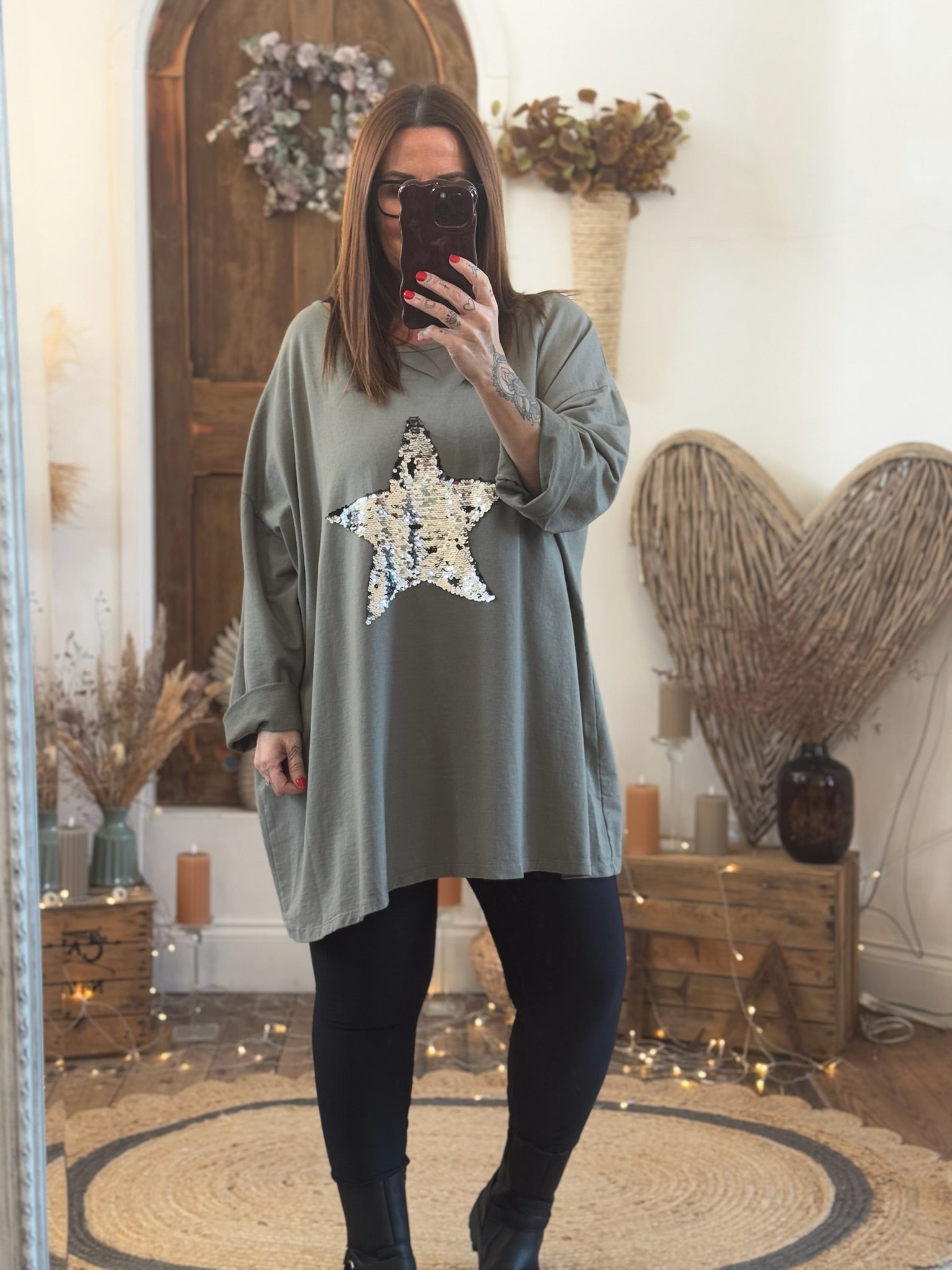 Mocha Mousse Sequin Star Oversized Top