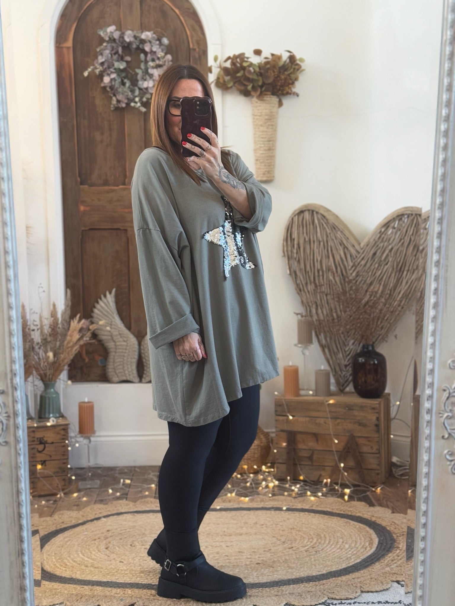 Mocha Mousse Sequin Star Oversized Top