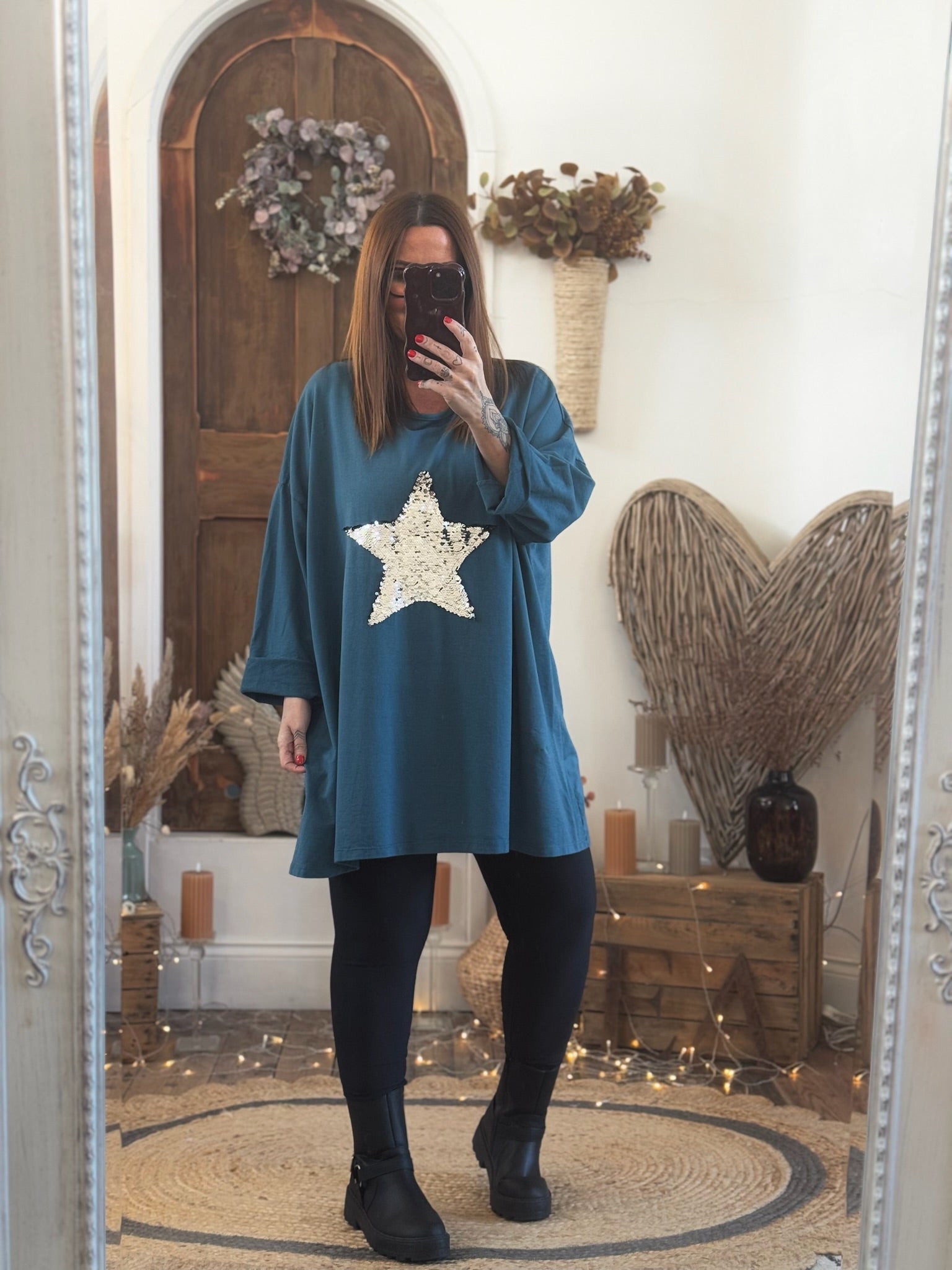 Teal Sequin Star Oversized Top