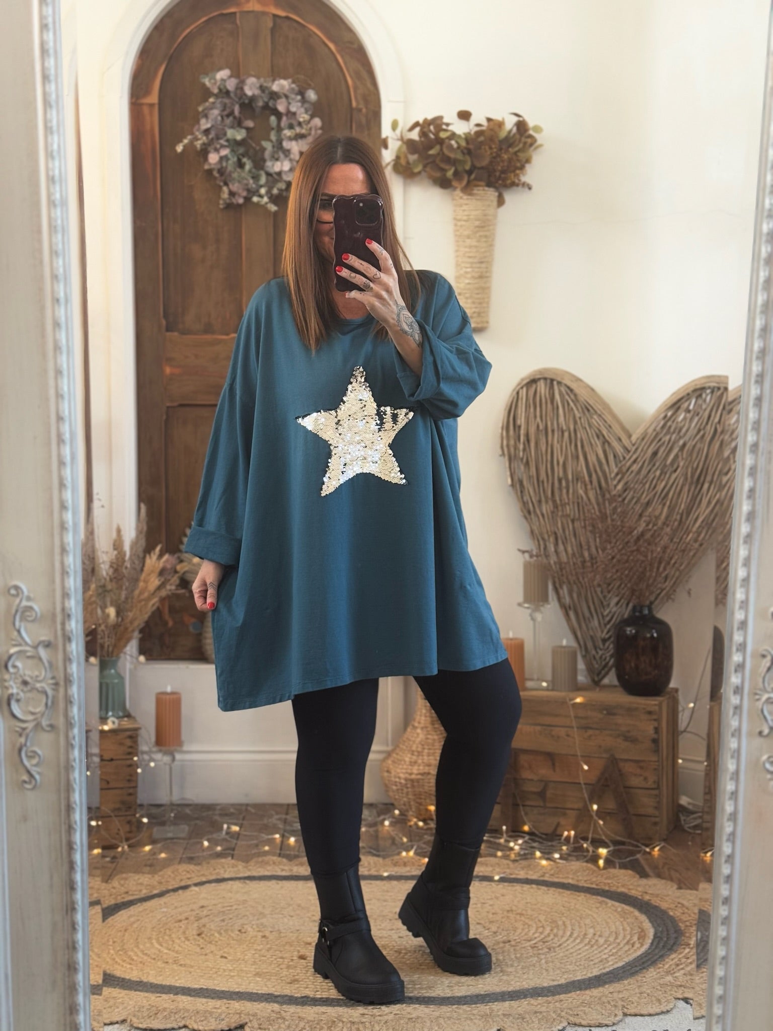 Teal Sequin Star Oversized Top