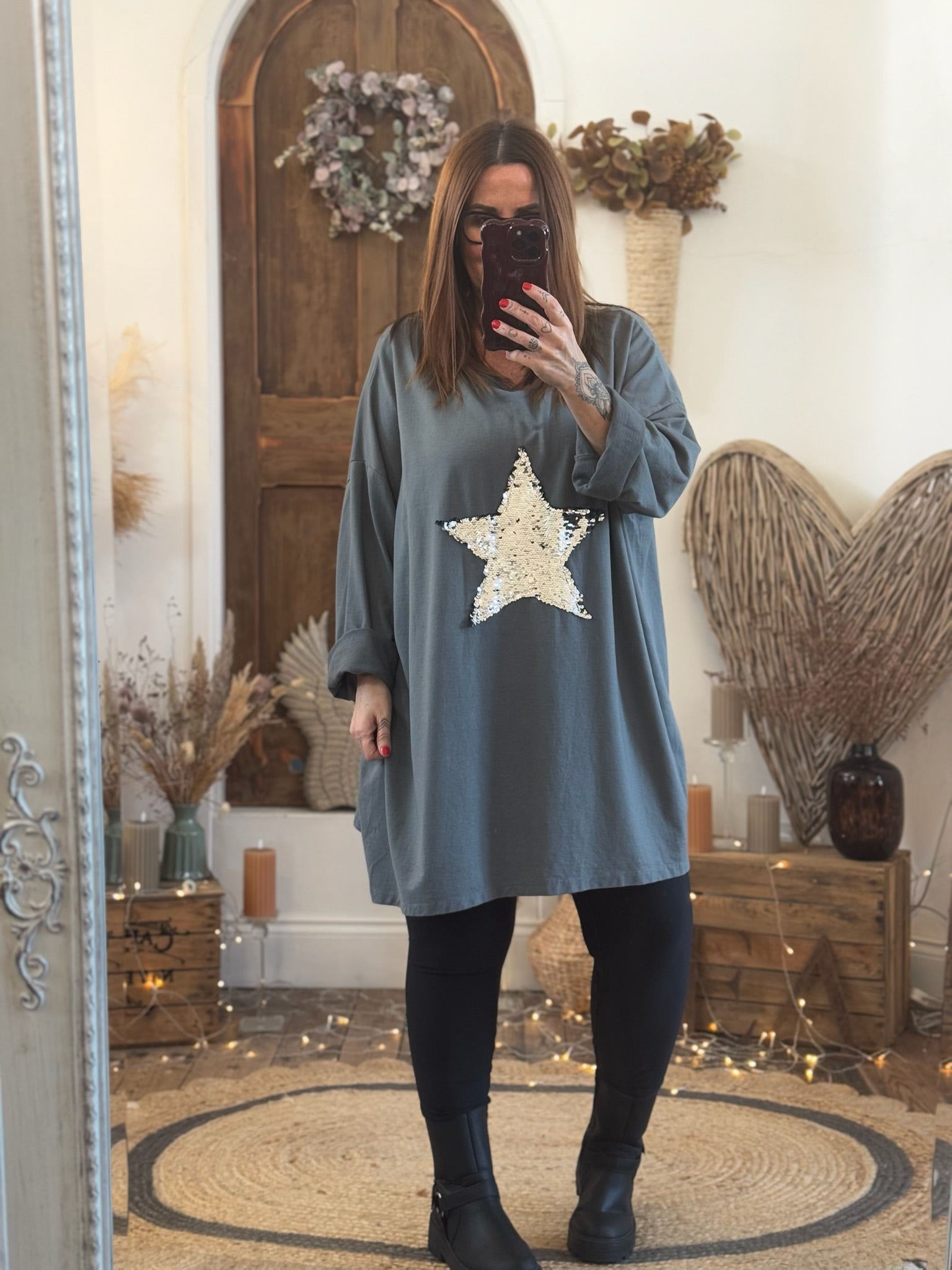 Charcoal Sequin Star Oversized Top