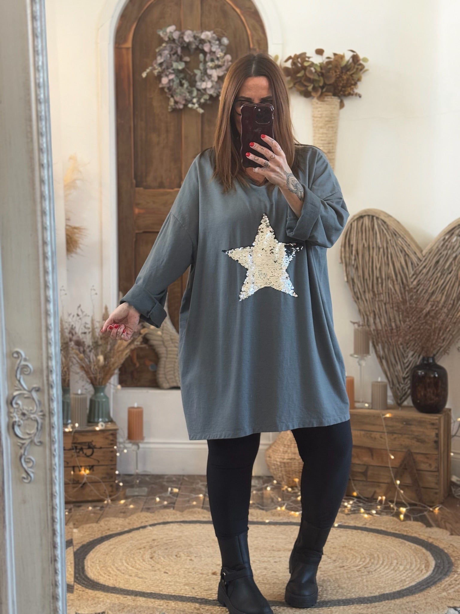 Charcoal Sequin Star Oversized Top