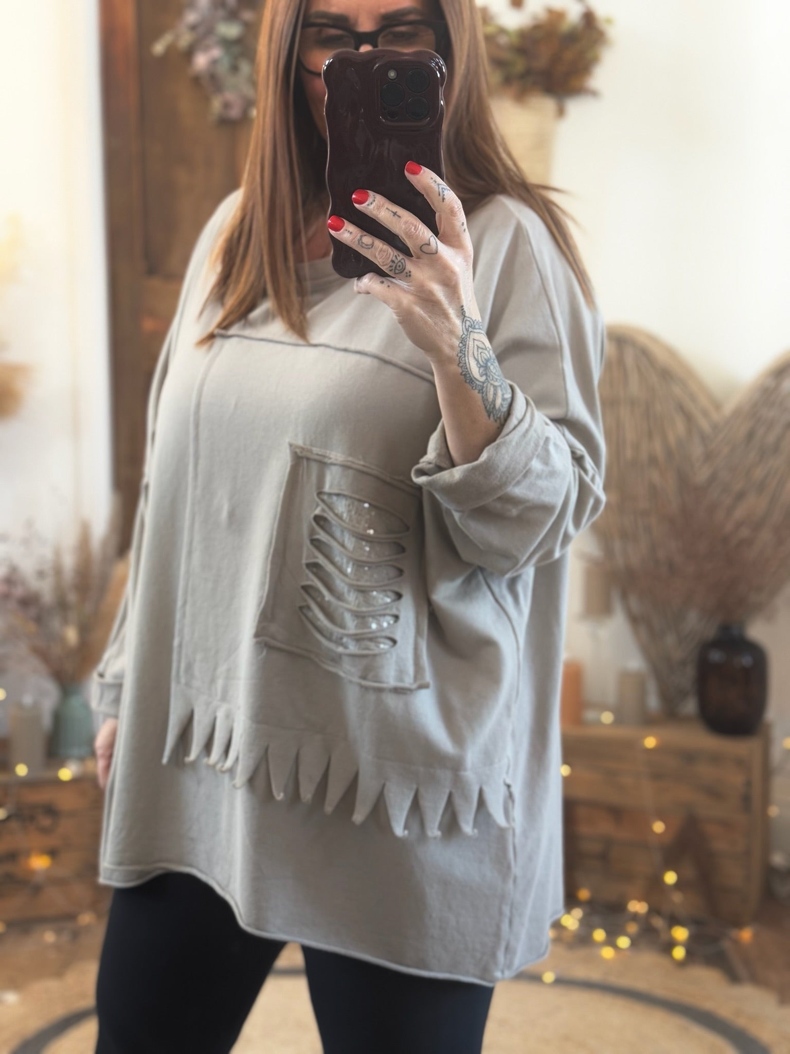 Beige Ally Sequin Slash Oversized Slouch Top