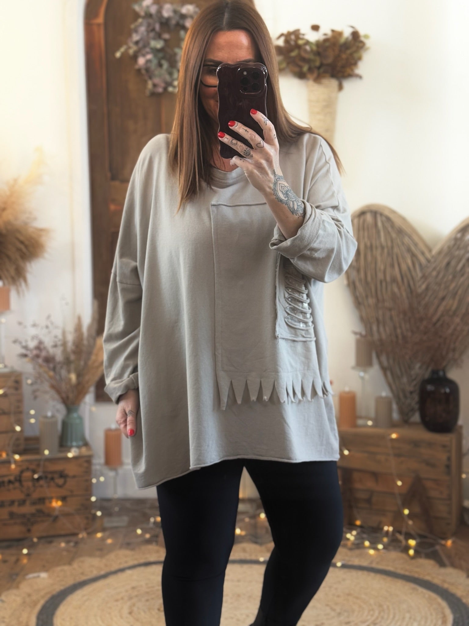 Beige Ally Sequin Slash Oversized Slouch Top