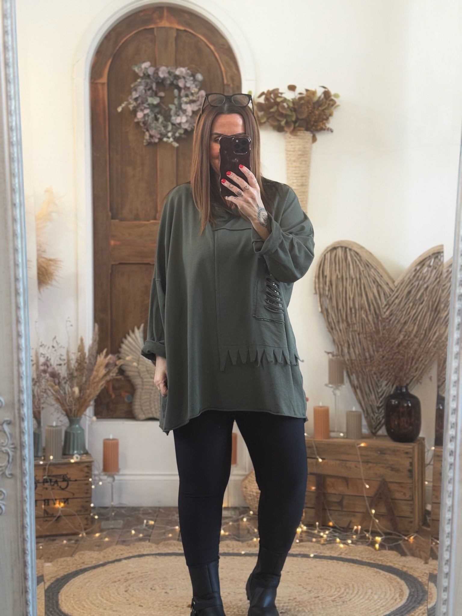 Khaki Ally Sequin Slash Oversized Slouch Top