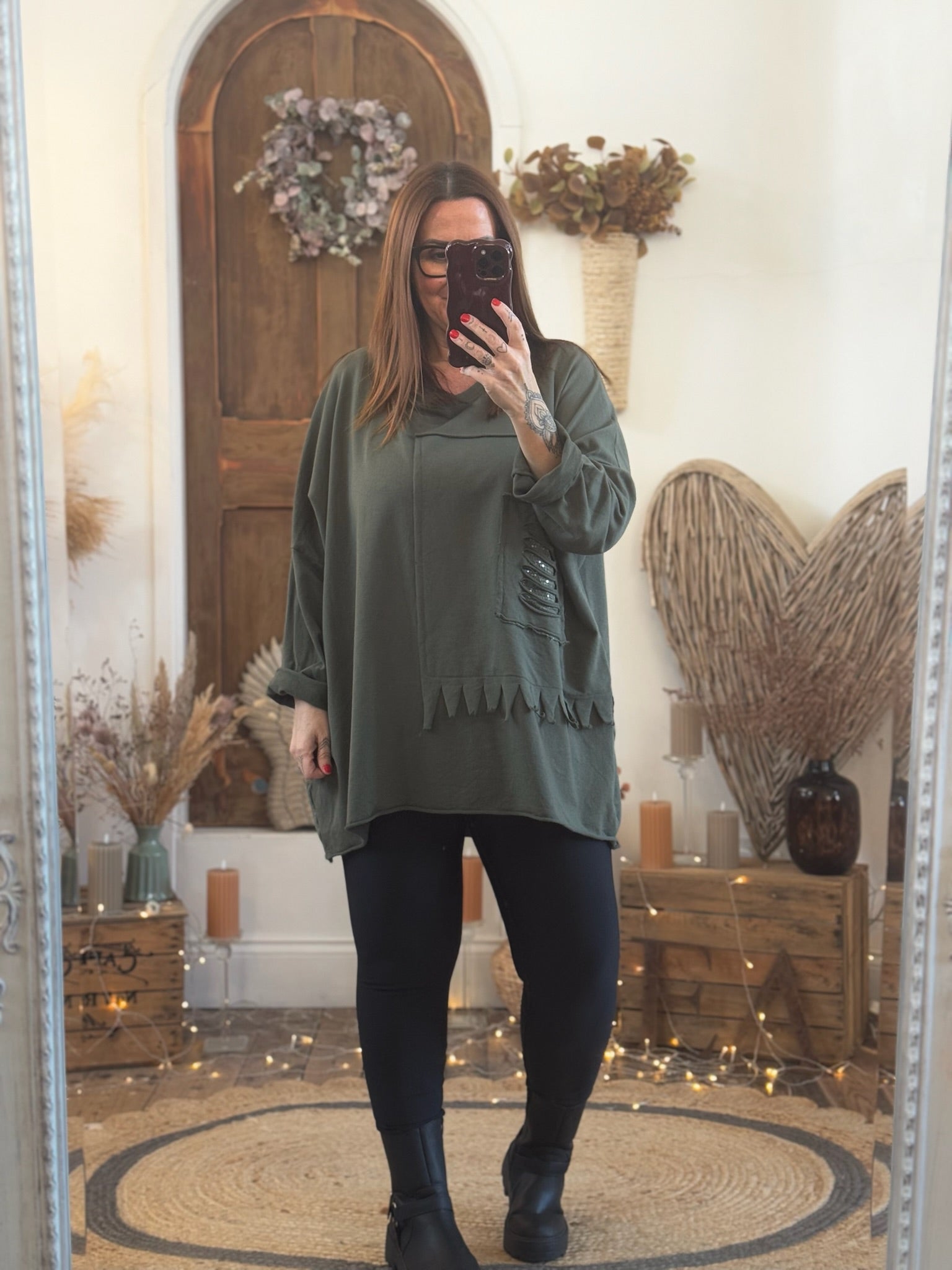 Khaki Ally Sequin Slash Oversized Slouch Top