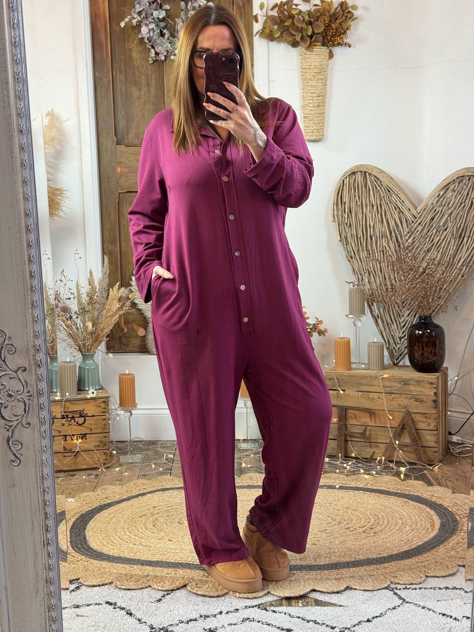 Burgundy Kitty Cotton Boilersuit