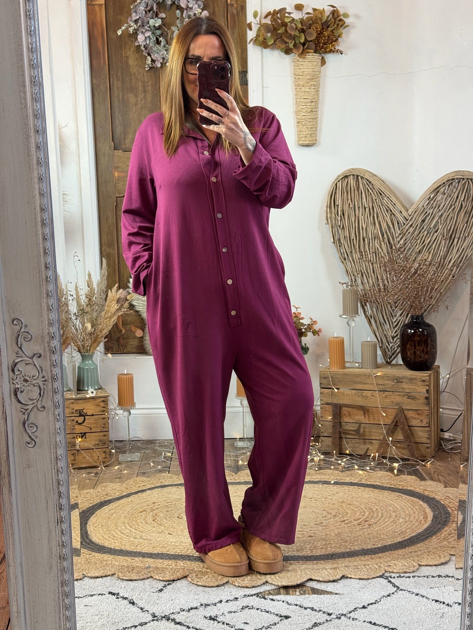 Burgundy Kitty Cotton Boilersuit