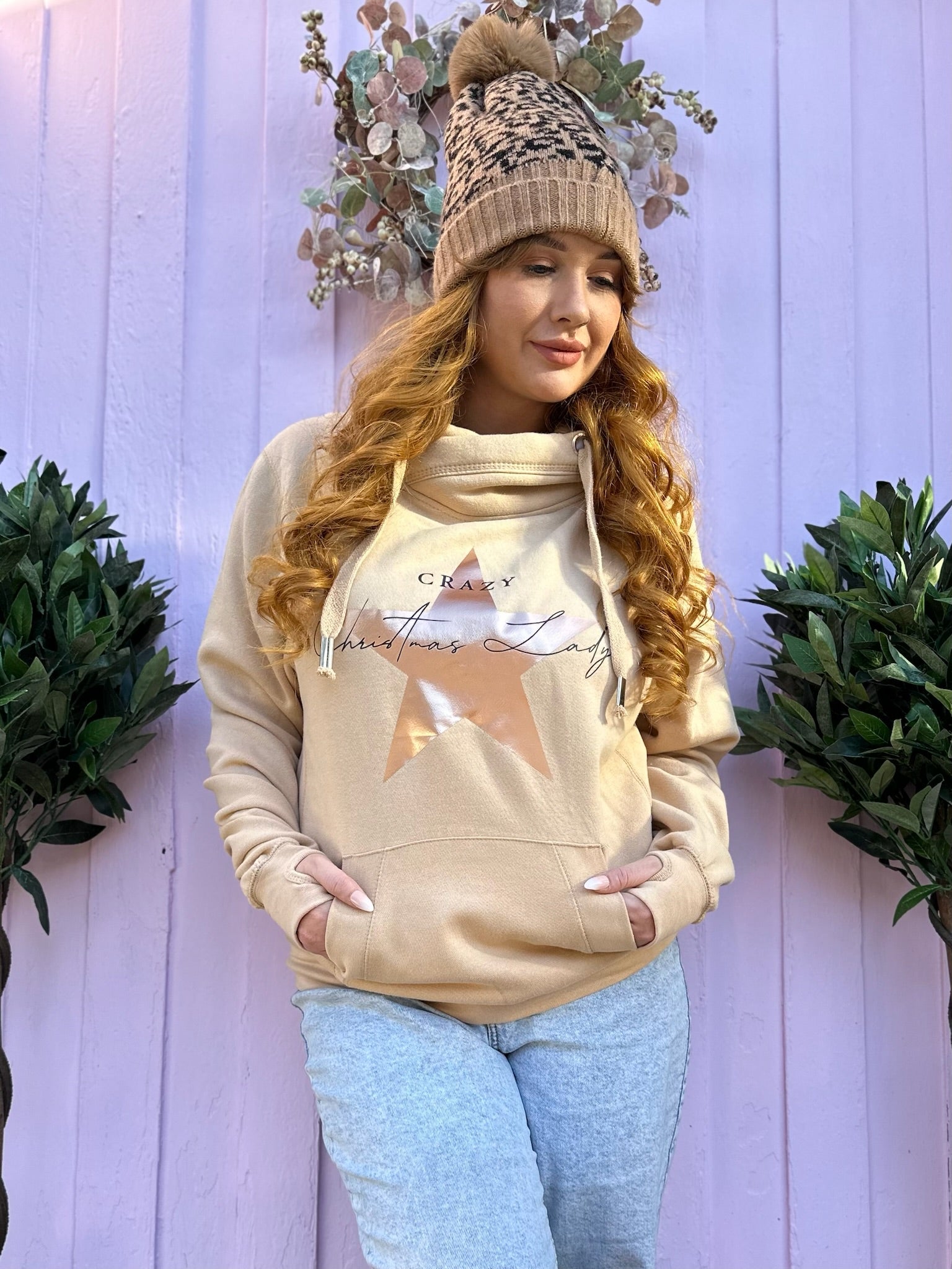 'Crazy Christmas Lady' Metallic Rose Gold Christmas Luxe Hoodie - Caramel