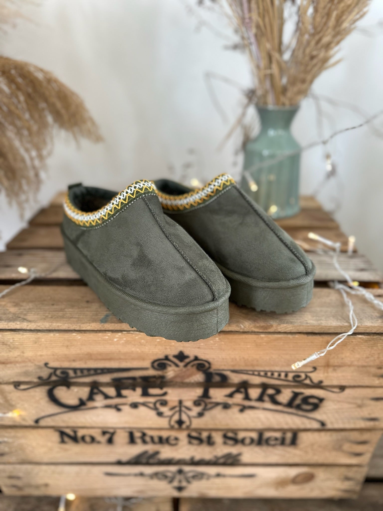 Khaki Alaska Faux Suede Flatform Mules