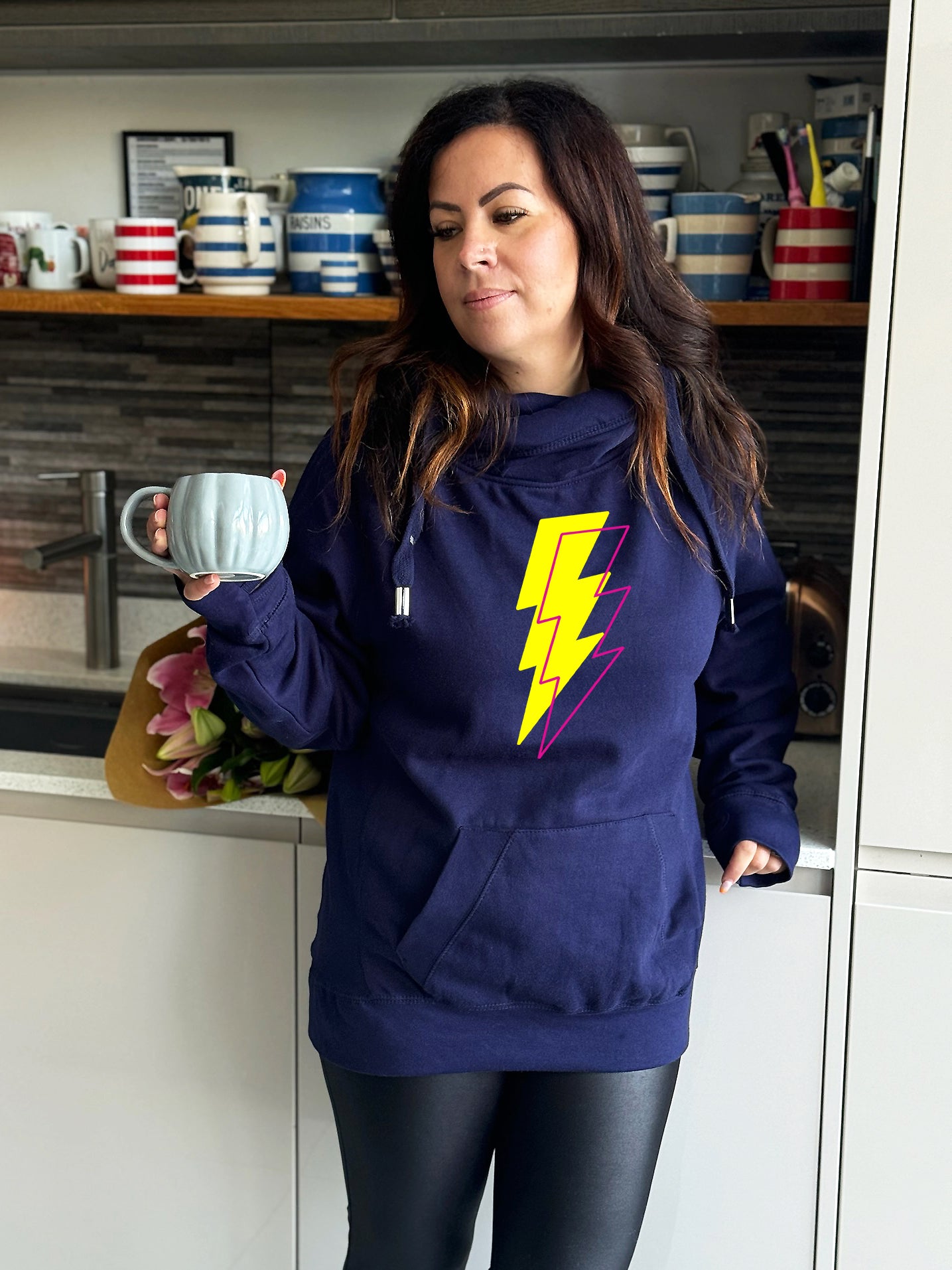 'Neon Vibes' Lightning Bolt Luxe Hoodie - Navy