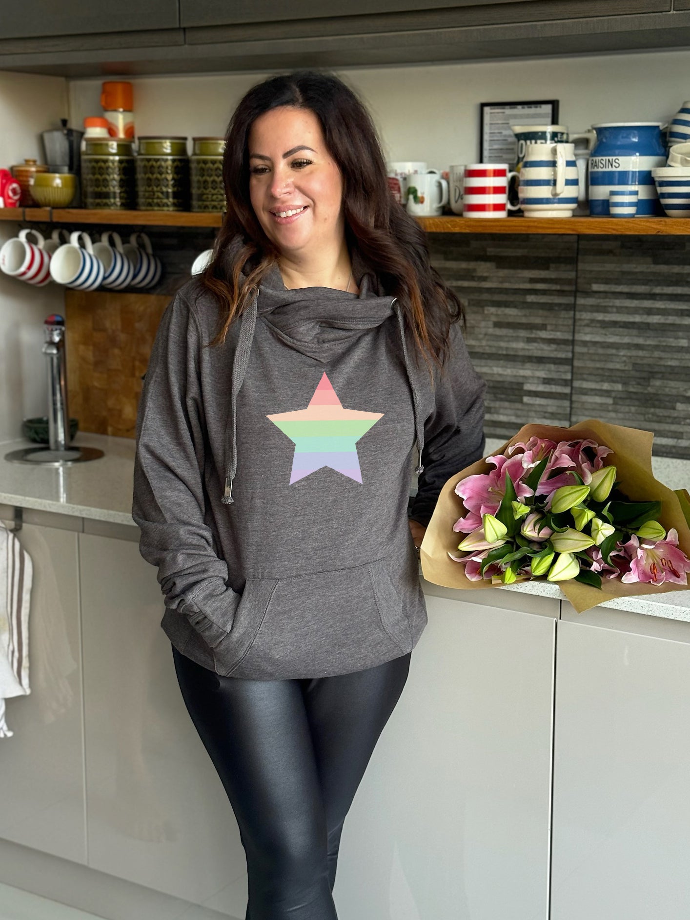 Pastel Rainbow 'Star' Luxe Hoodie - Charcoal