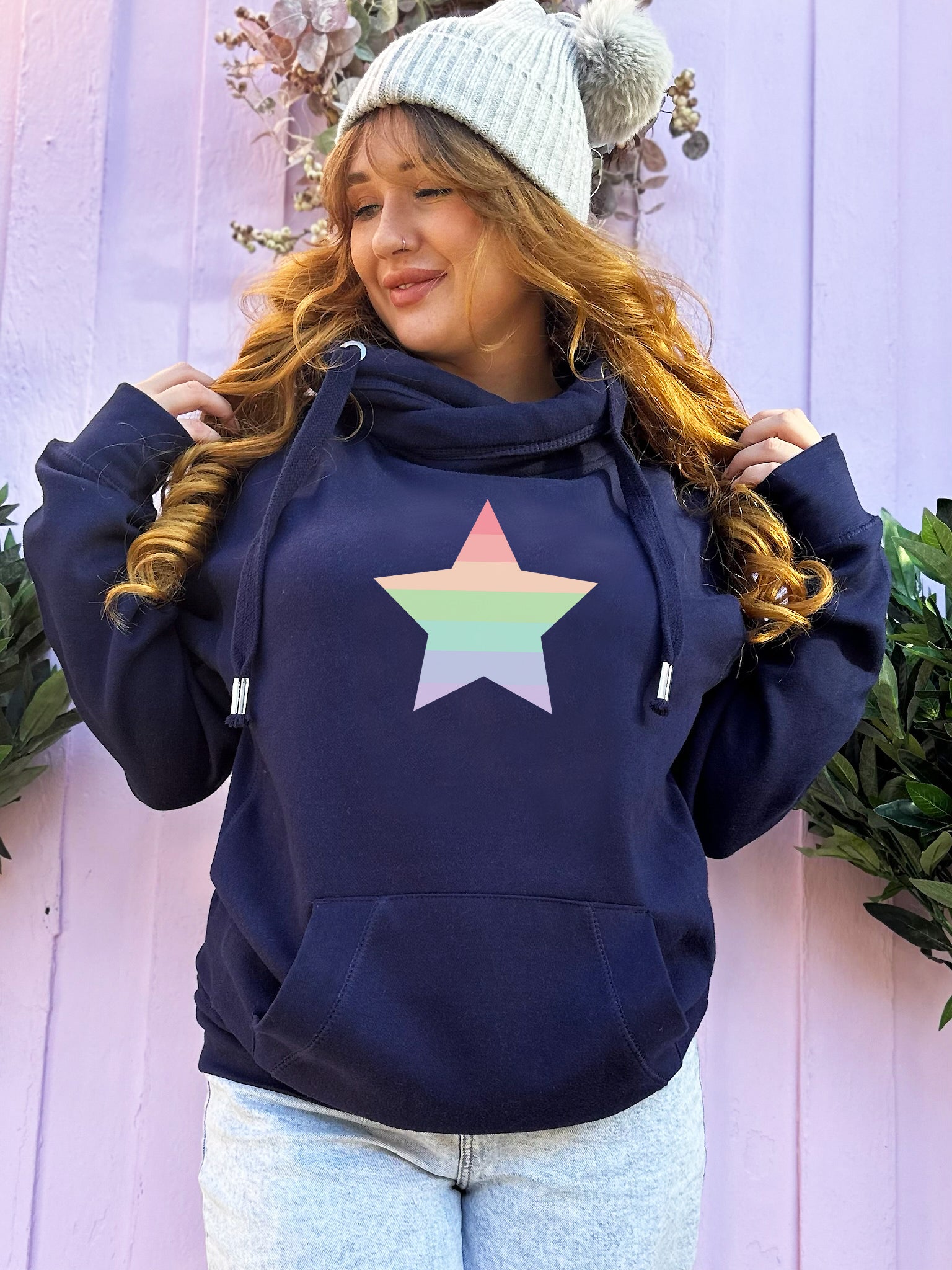 Pastel Rainbow 'Star' Luxe Hoodie - Navy