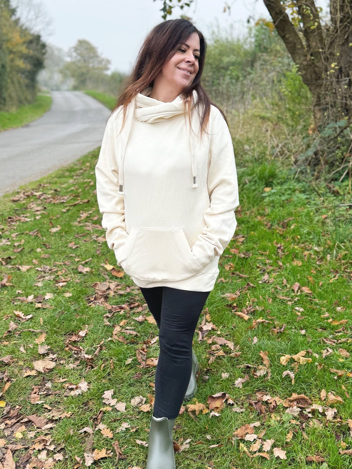 Classic Plain Cowl Neck Luxe Hoodie - Milkshake