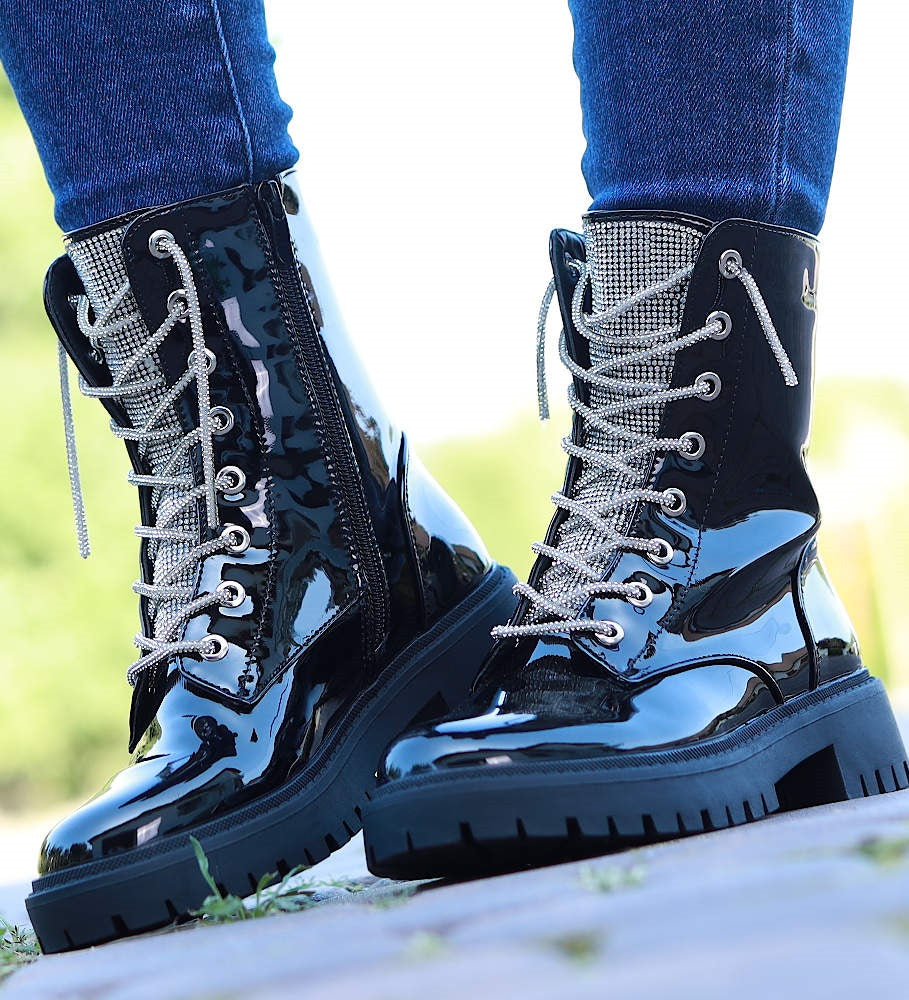 Black Patent Diamante Bling Hiker Boots