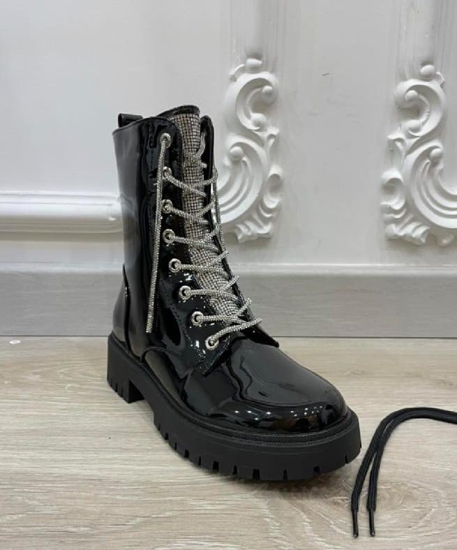 Black Patent Diamante Bling Hiker Boots