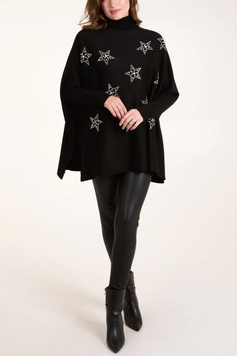 Black Diamante Star High Neck Jumper