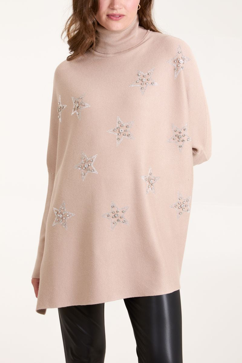 Beige Diamante Star High Neck Jumper